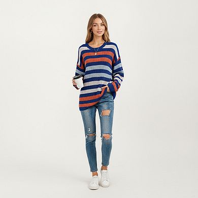 Women's Long Sleeve Crew Neck Striped Knit Sweater with Relaxed Fit