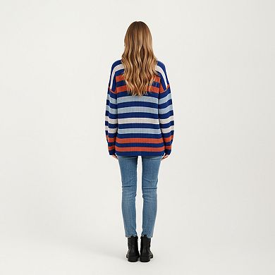 Women's Long Sleeve Crew Neck Striped Knit Sweater with Relaxed Fit