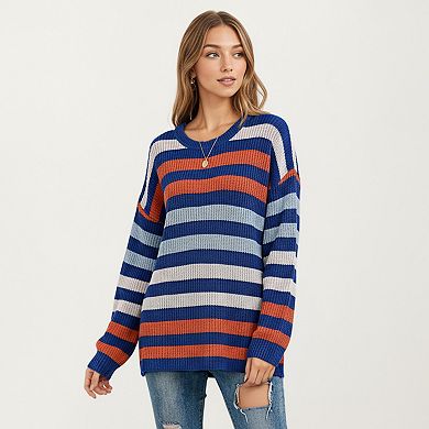 Women's Long Sleeve Crew Neck Striped Knit Sweater with Relaxed Fit