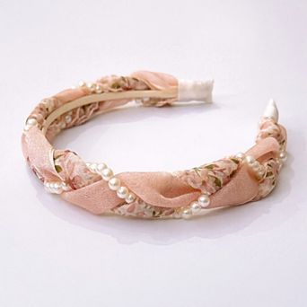 Twisted Floral Fabric Headband with Pearl Embellishment and Knotted Design