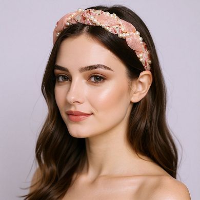 Twisted Floral Fabric Headband with Pearl Embellishment and Knotted Design