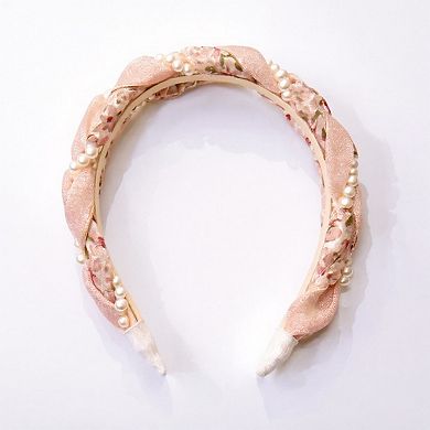 Twisted Floral Fabric Headband with Pearl Embellishment and Knotted Design