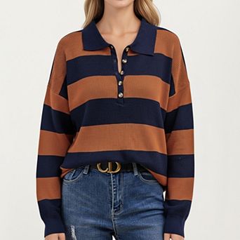 Women's Long Sleeve Striped Knit Polo Top with Button Placket and Ribbed Cuffs