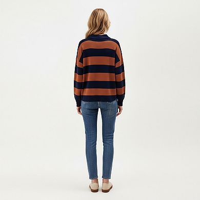 Women's Long Sleeve Striped Knit Polo Top with Button Placket and Ribbed Cuffs