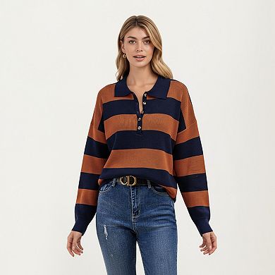 Women's Long Sleeve Striped Knit Polo Top with Button Placket and Ribbed Cuffs