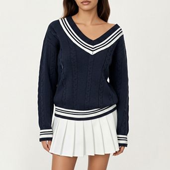 Women's V-Neck Cable Knit Sweater with Striped Trim and Ribbed Hem