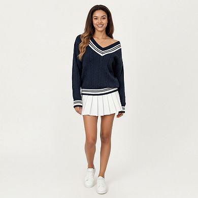 Women's V-Neck Cable Knit Sweater with Striped Trim and Ribbed Hem
