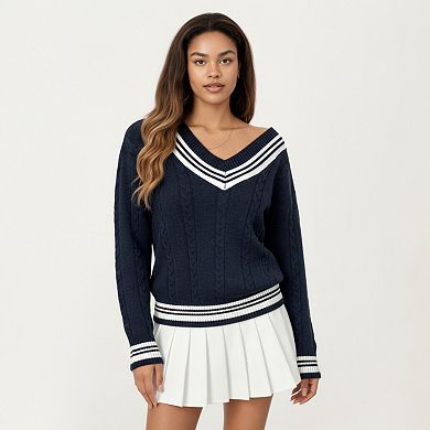 Women's V-Neck Cable Knit Sweater with Striped Trim and Ribbed Hem