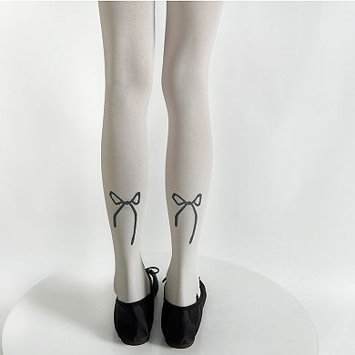 Women's Solid Knit Tights with Embroidered Bow Detail