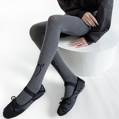 Women's Solid Knit Tights with Embroidered Bow Detail