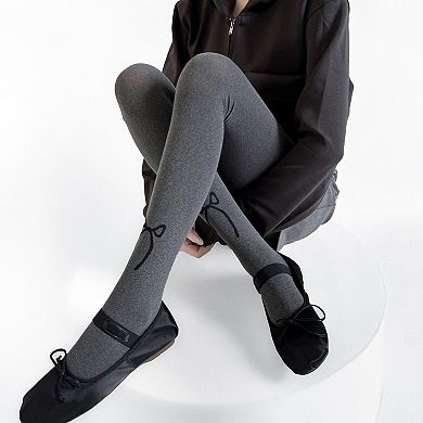 Women's Solid Knit Tights with Embroidered Bow Detail