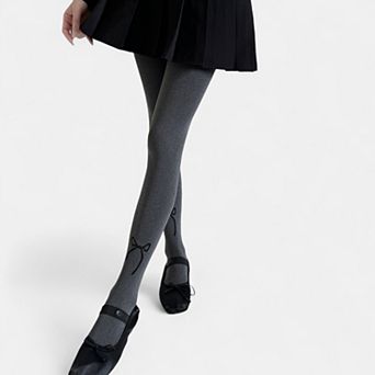 Women's Solid Knit Tights with Embroidered Bow Detail