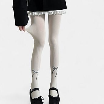Women's Solid Knit Tights with Embroidered Bow Detail
