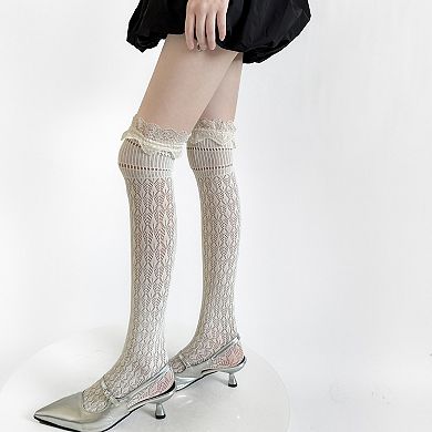 Women's Over-the-Knee Lace Top Patterned Knit Socks with Delicate Scalloped Trim
