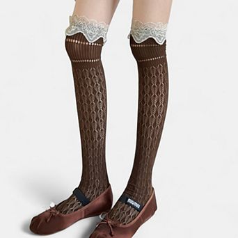 Women's Over-the-Knee Lace Top Patterned Knit Socks with Delicate Scalloped Trim
