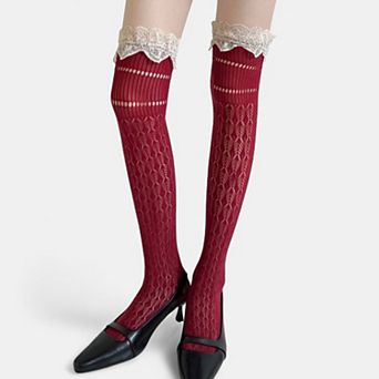 Women's Over-the-Knee Lace Top Patterned Knit Socks with Delicate Scalloped Trim