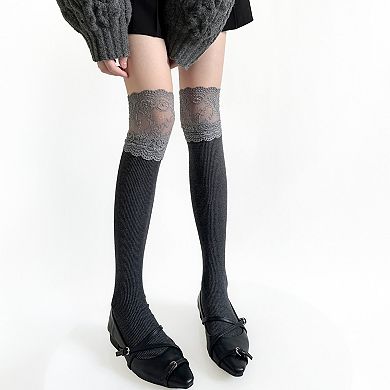 Women's Over-the-Knee Ribbed Knit Socks with Lace Trim Detail and Stretch Fit