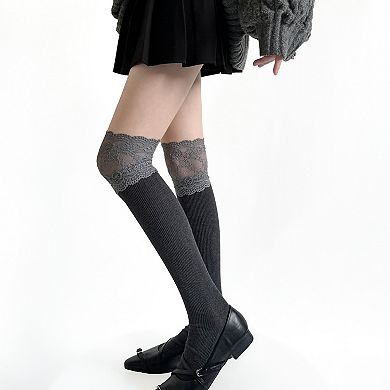 Women's Over-the-Knee Ribbed Knit Socks with Lace Trim Detail and Stretch Fit