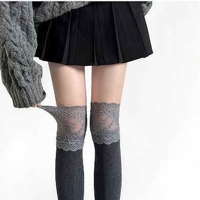 Women's Over-the-Knee Ribbed Knit Socks with Lace Trim Detail and Stretch Fit