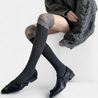 Women's Over-the-Knee Ribbed Knit Socks with Lace Trim Detail and Stretch Fit
