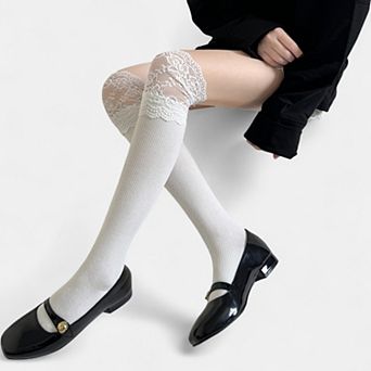 Women's Over-the-Knee Ribbed Knit Socks with Lace Trim Detail and Stretch Fit