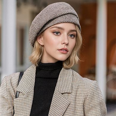 Women's Classic Houndstooth Wool Blend Newsboy Cap