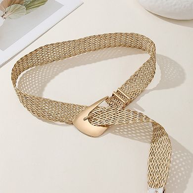 Women's Woven Belt with Oversized Buckle and Textured Weave Design