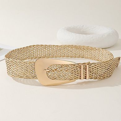 Women's Woven Belt with Oversized Buckle and Textured Weave Design