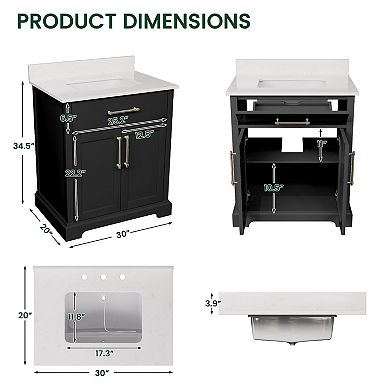 30'' W Fully Assembled Bathroom Vanity With Cultured Marble Sink,Soft-Close System,Easy Assembly