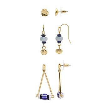 Emberly 3-Pair Gold-Tone Beaded Stud & Drop Earring Set