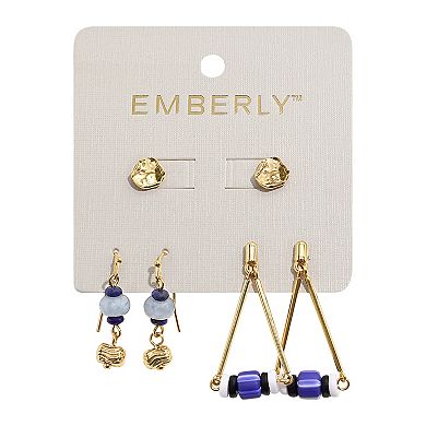Emberly 3-Pair Gold-Tone Beaded Stud & Drop Earring Set