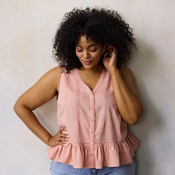 Plus Size LC Lauren Conrad Pintuck Lace Trim V-Neck Tank Top