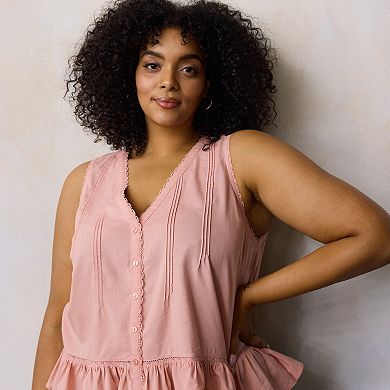 Plus Size LC Lauren Conrad Pintuck Lace Trim V-Neck Tank Top