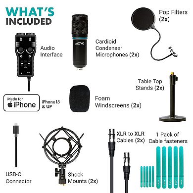 Movo iPhone 15/16 USB-C Podcast Equipment Bundle Compatible with iPhone 15/16, iPad-Pro (USB-C)
