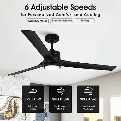 60" Minimalism Black 3-blade Large Indsutrial LED Ceiling Fan with Light and Remote