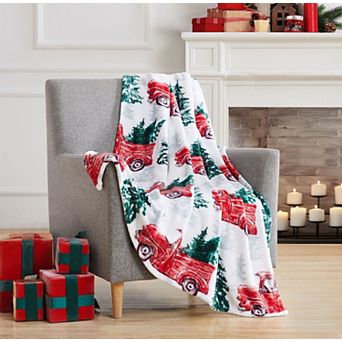 Kate Aurora Snowy Christmas Trees and Red Pick Up Trucks Holiday Accent Throw Blanket - 50" X 60"