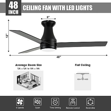 48" Modern Black Indoor LED Hugger Ceiling Fan Flush Mount with Light and Remote, App Control