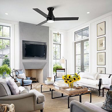 48" Modern Black Indoor LED Hugger Ceiling Fan Flush Mount with Light and Remote, App Control