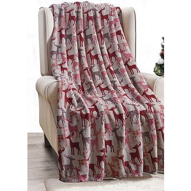 Kate Aurora Ultra Soft and Cozy Christmas Plaid Reindeer Plush Throw Blanket Cover