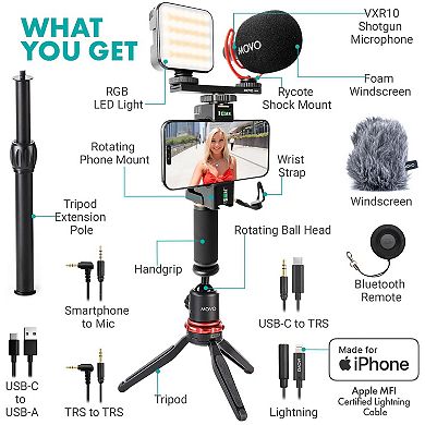 Movo iVlogger-PRO Vlogging Kit for iPhone/Android Smartphones with Mic, Light, Tripod, and More