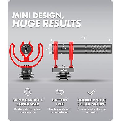 Movo X1-Mini Video Shotgun Mic - Supercardioid Microphone for Cameras, Smartphones, Computers