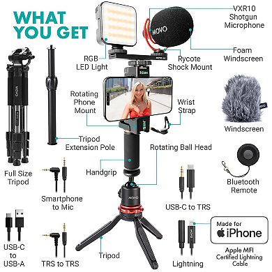 Movo iVlogger-PRO+MV-T5 Vlogging Kit for iPhone/Android Smartphones with Mic, Light, Tripod