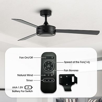 52" Modern Black Wooden 3-blade Indoor No Light Ceiling Fan with Remote