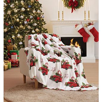 Kate Aurora Holiday Red Pickup Trucks, Candy Canes and Christmas Trees Accent Throw Blanket