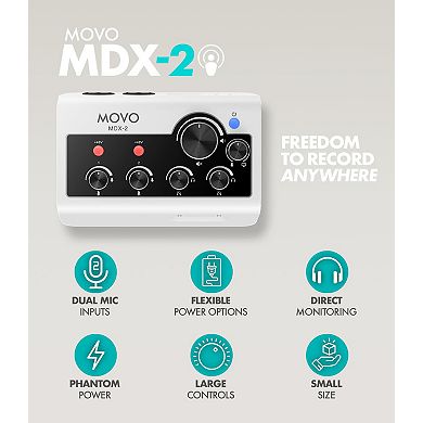 Movo MDX-2 2 Channel XLR Portable Audio Interface Compatible with PC, Mac, iPhone, iPad, and Android