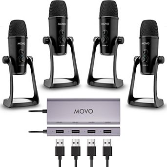 Movo USB Podcast Equipment Bundle for 4 with USB Interface with 4 Condenser Microphones