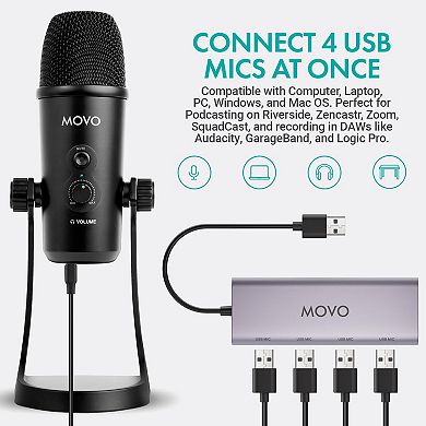 Movo USB Podcast Equipment Bundle for 4 with USB Interface with 4 Condenser Microphones
