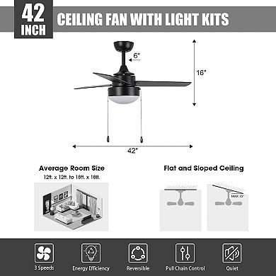 42" Modern Black Wooden 3 Blades Indoor LED Ceiling Fan Light with Pull Chain