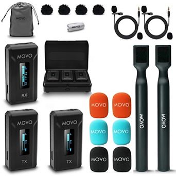 Movo WMX-2-DUO Dual Microphone Compact Wireless System with Handheld Extension Mounts