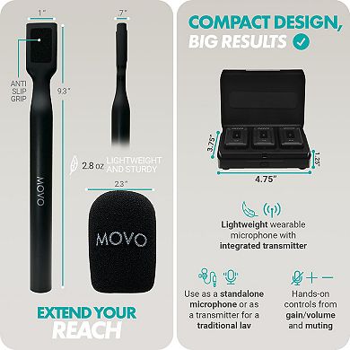 Movo WMX-2-DUO Dual Microphone Compact Wireless System with Handheld Extension Mounts